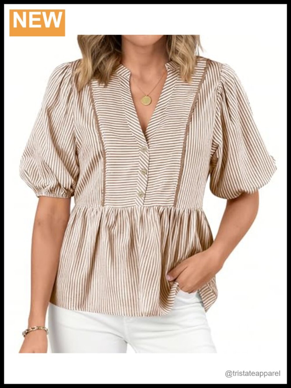 Women's Lantern Sleeve Button Up Striped Babydoll Blouse